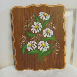 Vintage 1970s wooden daisy flower painting wall plaque home decor 14.5x11.5